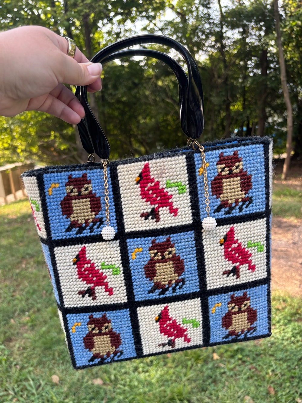 Needlepoint Owl & Bird Tote in Blue, Cream and Black
